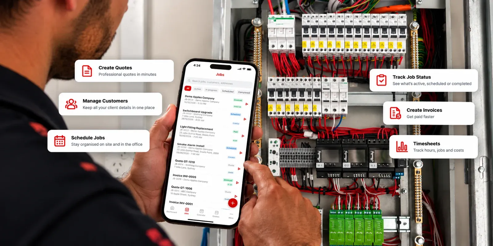 Electrician holding the TradieTally app at a switchboard, with features for quotes, customers, scheduling, job status, invoices and timesheets