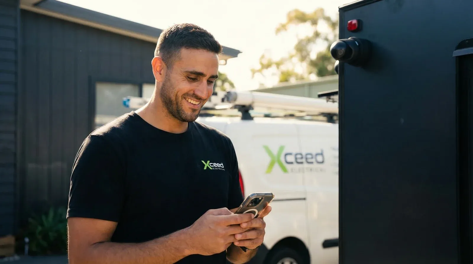 Jayson Conceicao, electrician and TradieTally founder, smiling at the TradieTally app on his phone beside his work van