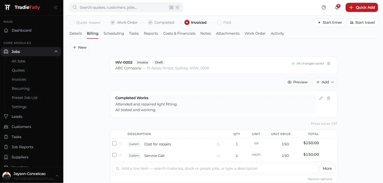 TradieTally job billing tab with draft invoice INV-0002 for a completed light fitting repair, two line items at $150 each and the job moved to Invoiced