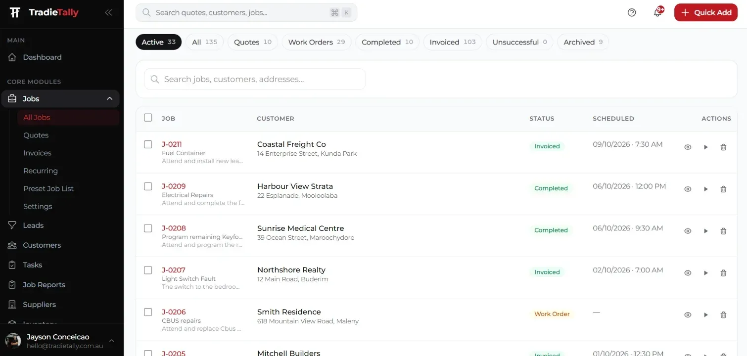 TradieTally jobs list with job numbers, customers, addresses, scheduled times and statuses including Invoiced, Completed and Work Order