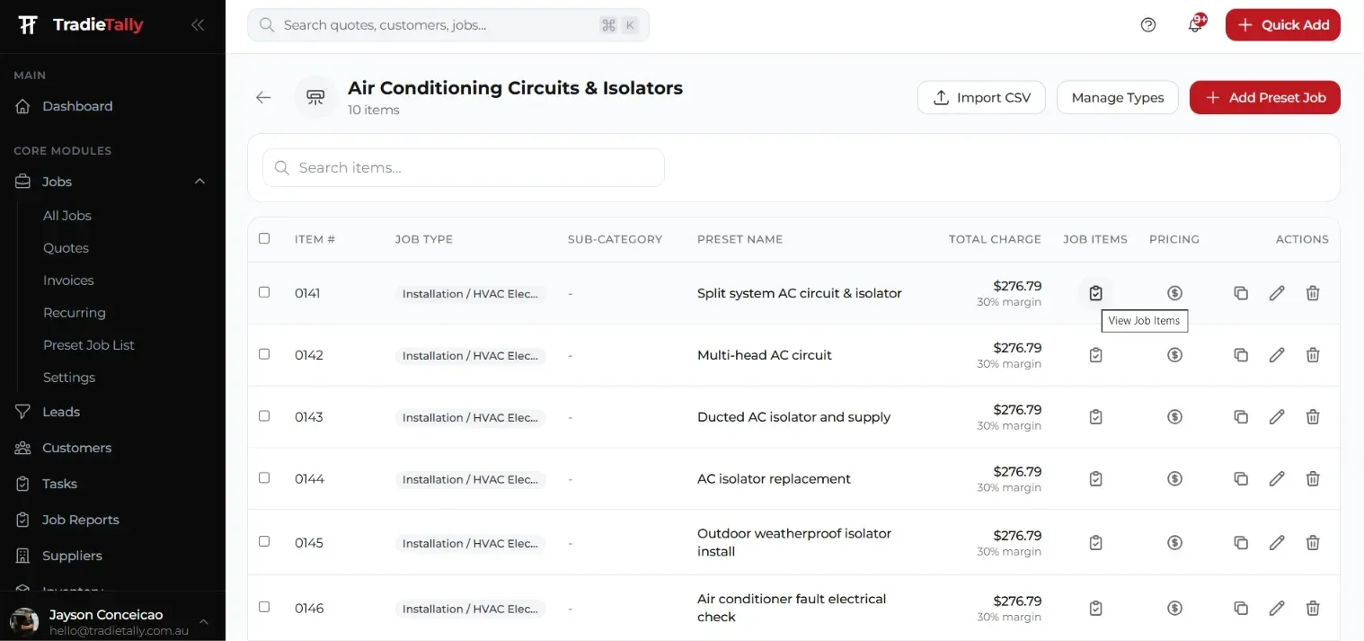 TradieTally preset jobs for air conditioning circuits and isolators: split system circuit, multi-head circuit, ducted isolator and outdoor isolator installs with prices and margins