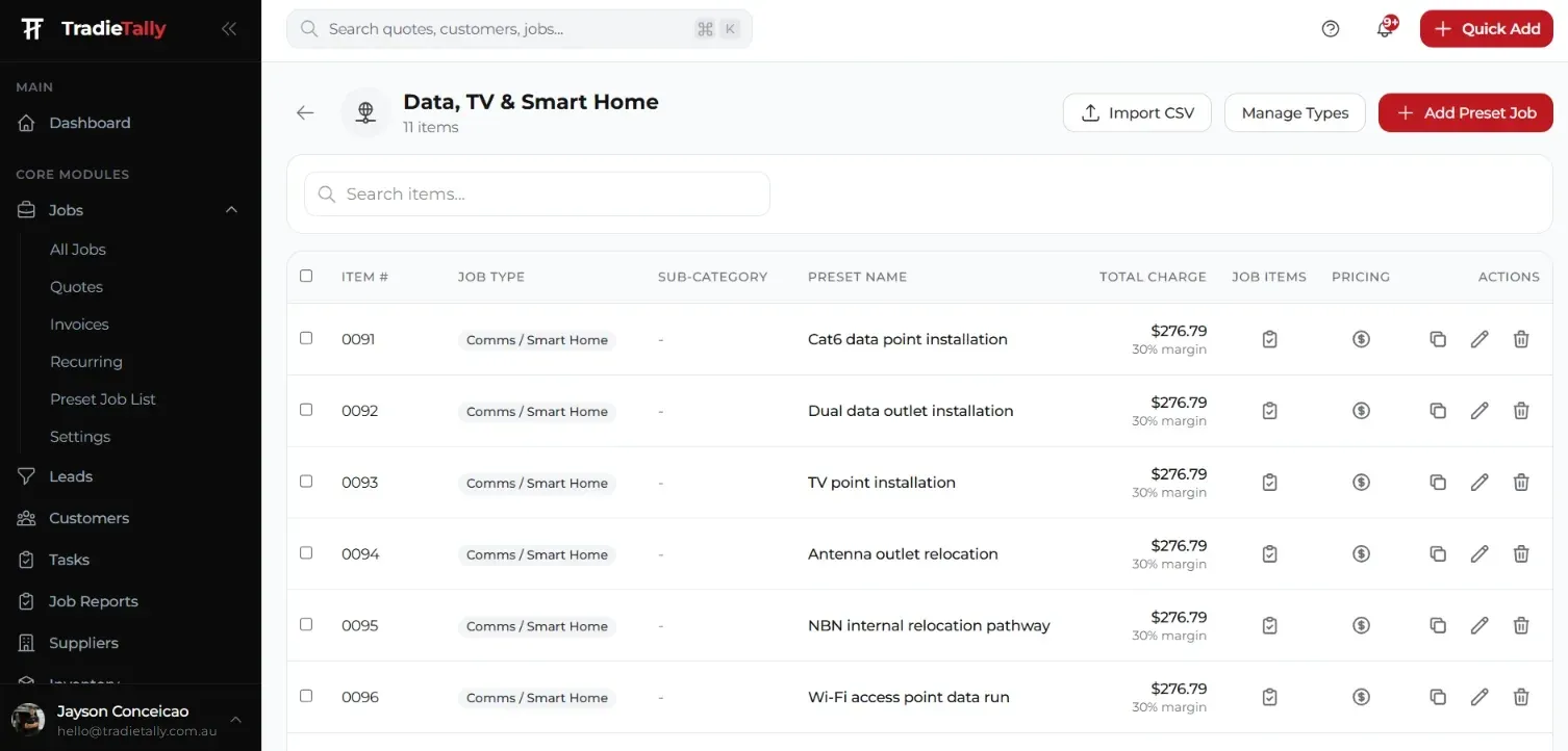 TradieTally preset jobs for data, TV and smart home work: Cat6 data points, TV points, antenna relocation, NBN pathway and Wi-Fi access point runs with prices and margins