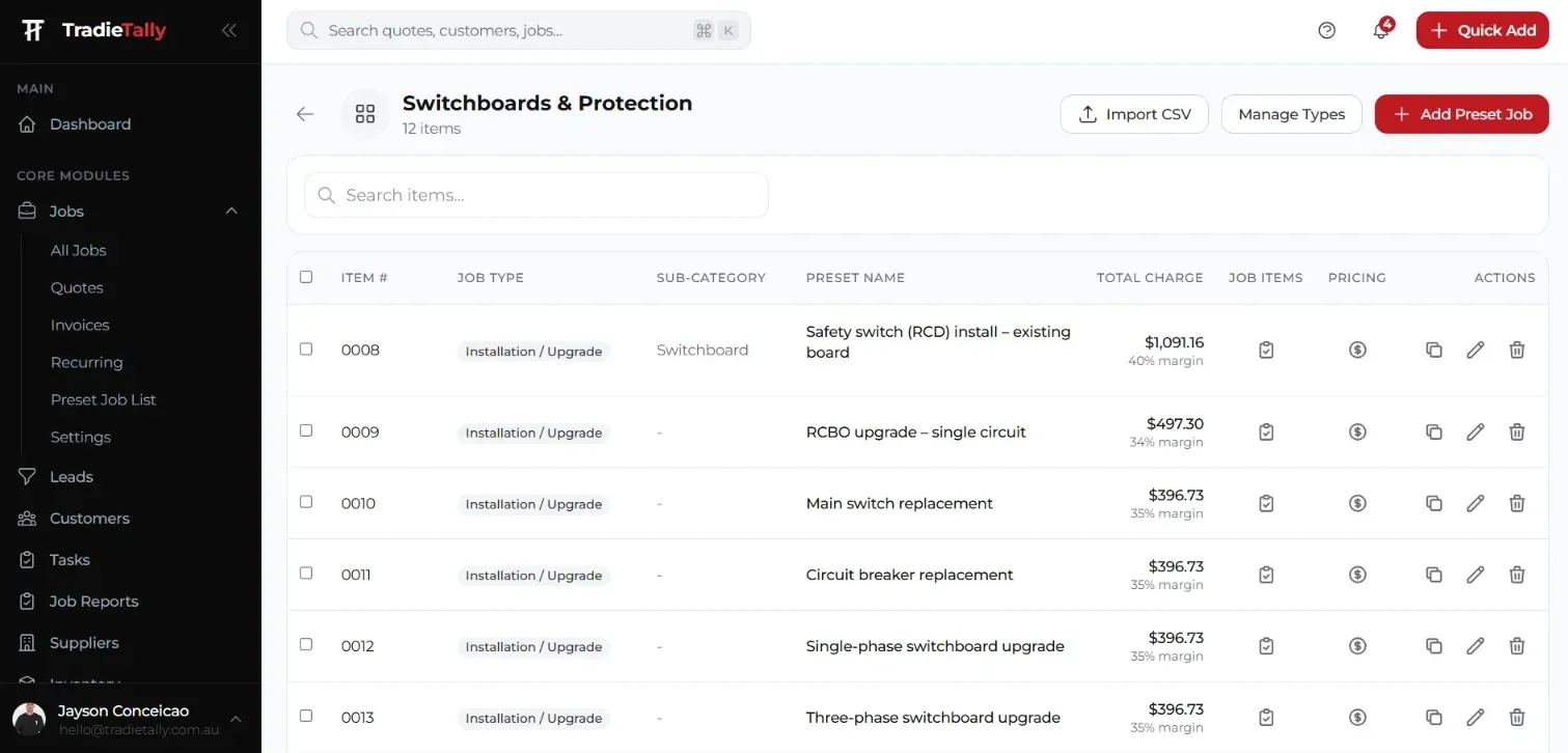 TradieTally preset job list for switchboards and protection: RCD install, RCBO upgrade, main switch replacement and switchboard upgrades, each with a total charge and profit margin