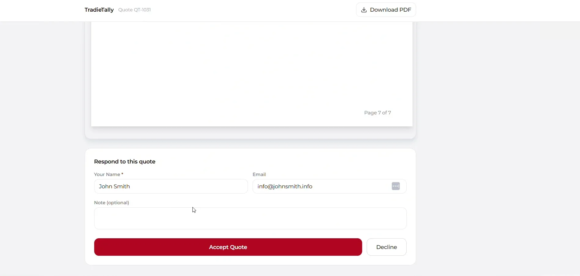 The online quote page a customer sees from TradieTally, with their name and email filled in and an Accept Quote button