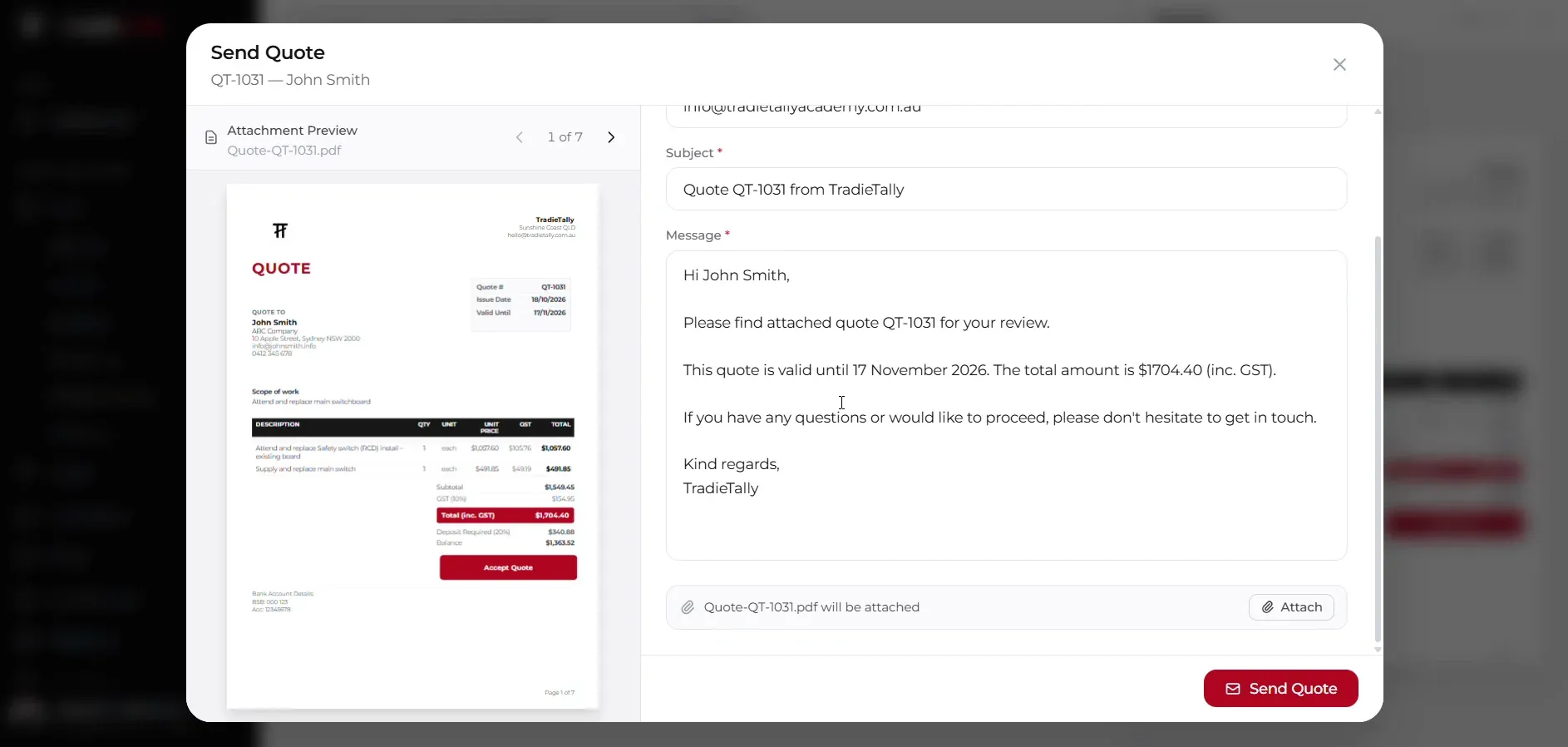 Sending quote QT-1031 from TradieTally by email with the PDF attached and an Accept Quote button on the quote