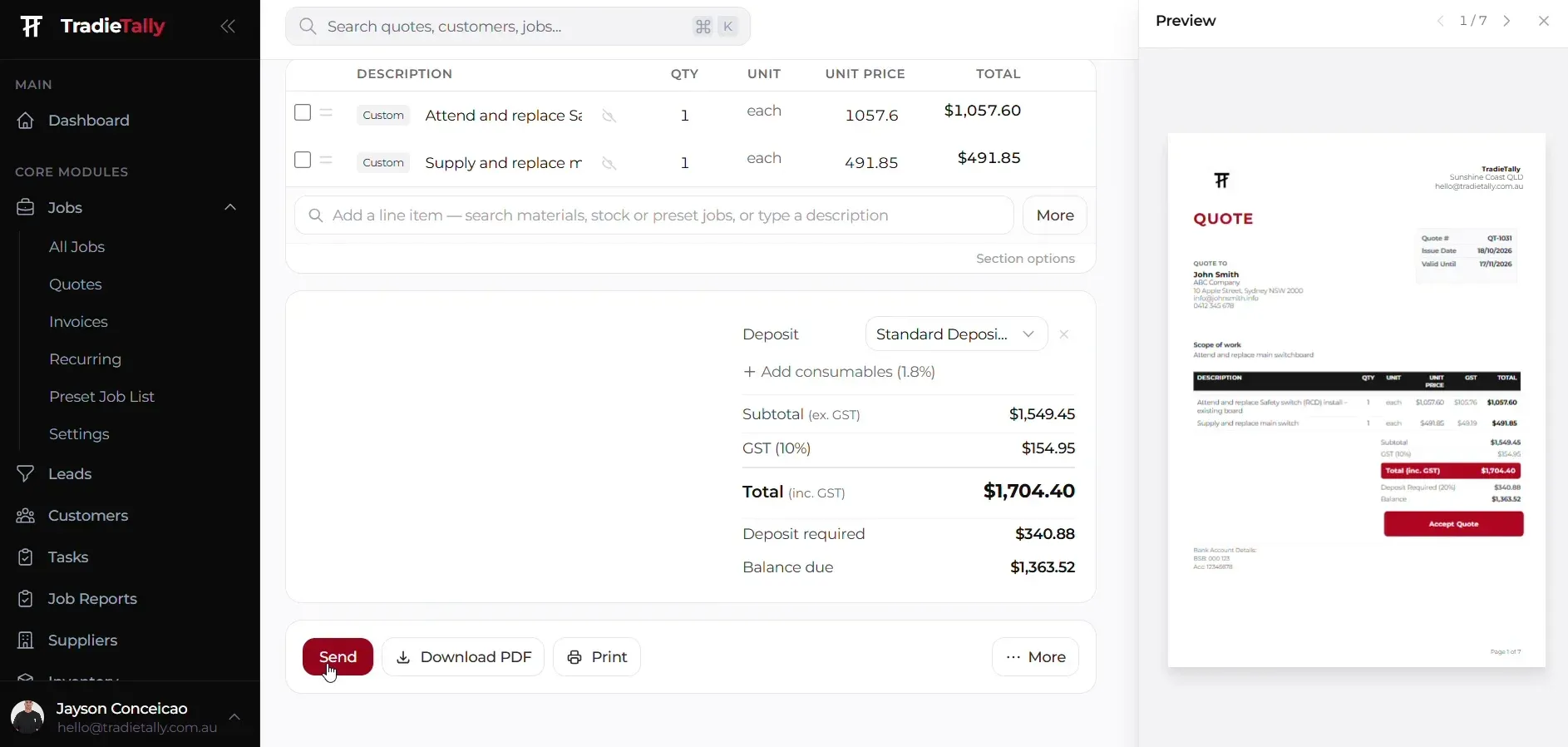 TradieTally quote editor with two line items, a $1,704.40 inc GST total and deposit, beside a live preview of the branded PDF quote