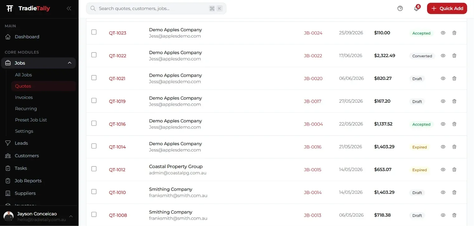 TradieTally quotes list showing each quote with its customer, linked job, date, amount and status: Accepted, Converted, Draft or Expired