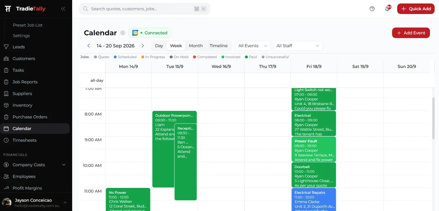 TradieTally scheduling calendar in week view with colour-coded electrical jobs by status, synced with Google Calendar