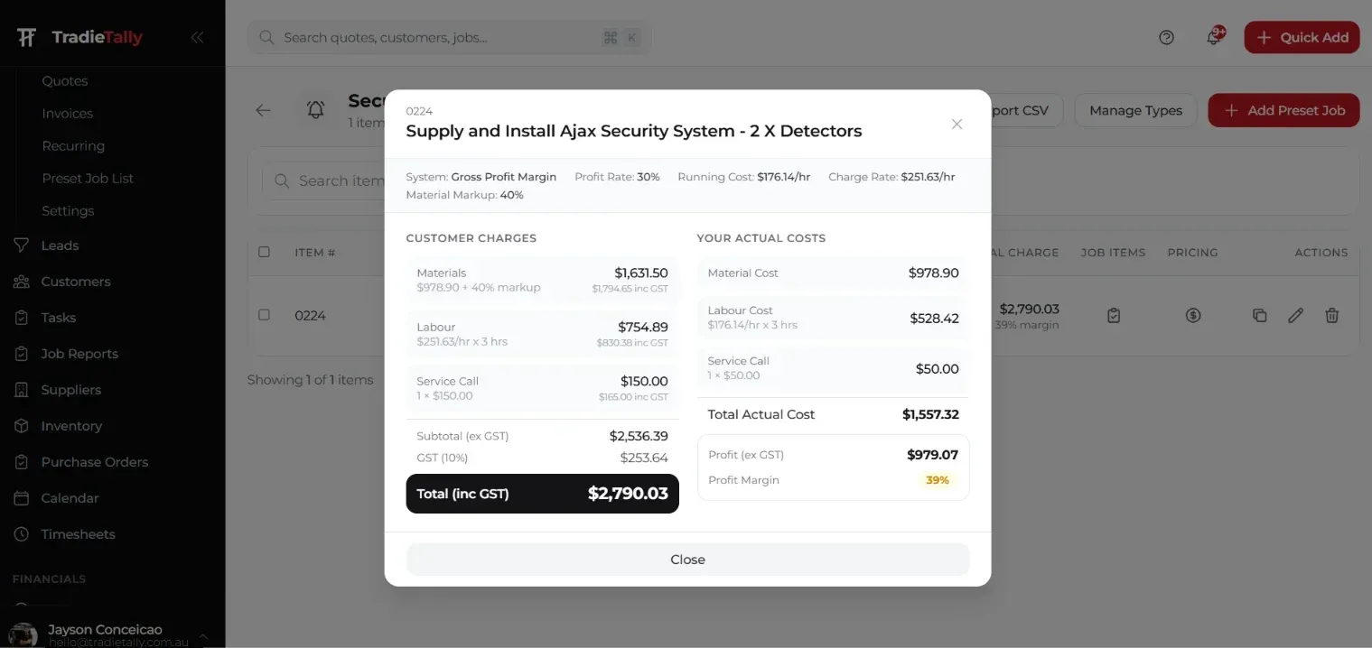 TradieTally preset job pricing for an Ajax security system with 2 detectors: $2,790.03 inc GST, $1,557.32 actual cost and $979.07 profit at a 39% margin