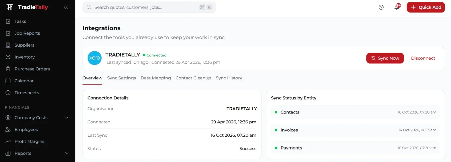 TradieTally Xero integration connected, with sync status for contacts, invoices and payments